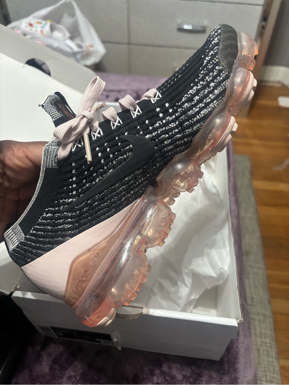 Nike Women's Black Knit Sneakers with Pale Pink Accents - Picture 6 of 12